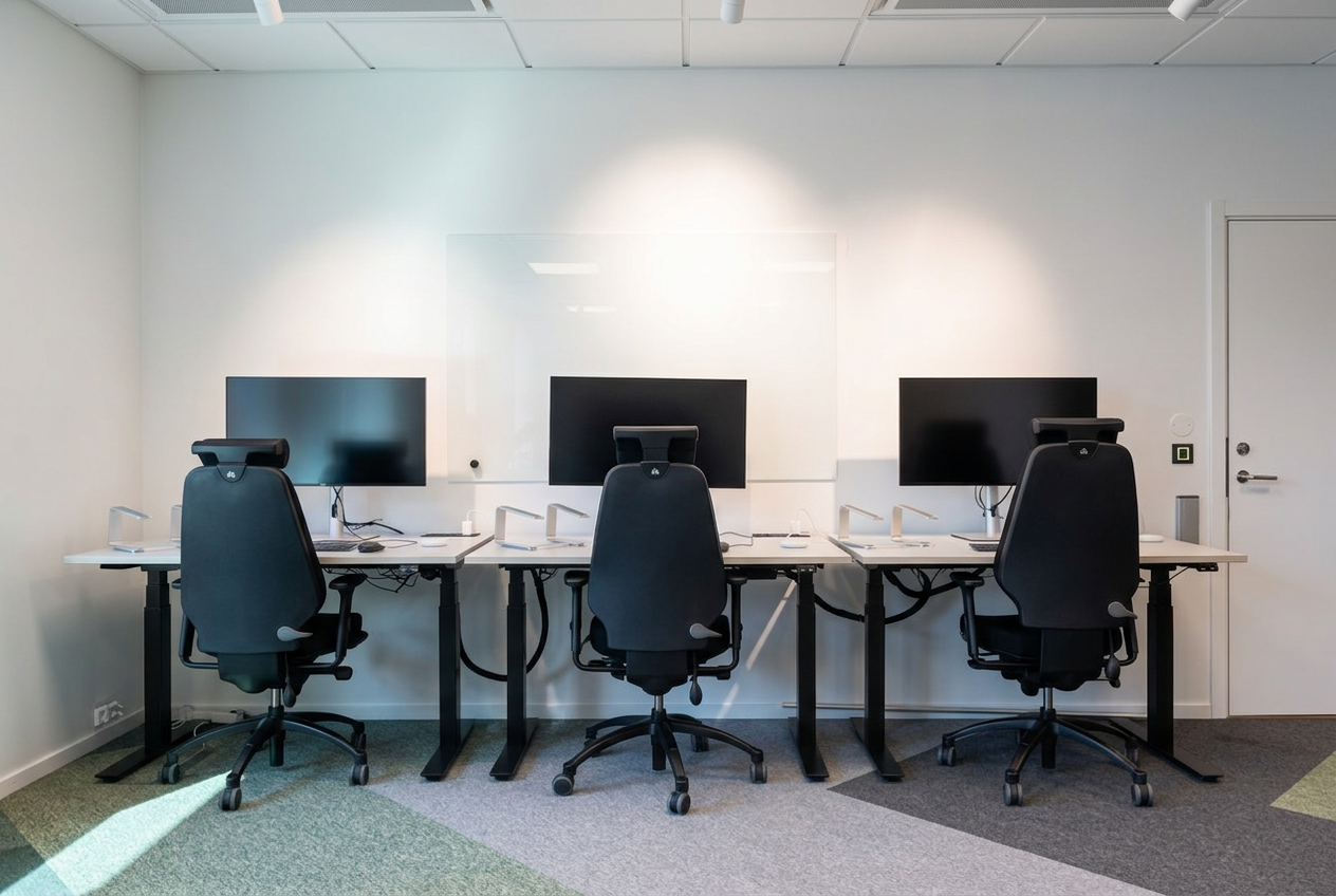 Kontorsarbetsplatser med skärmar och ergonomiska stolar installerade av B3 Personal