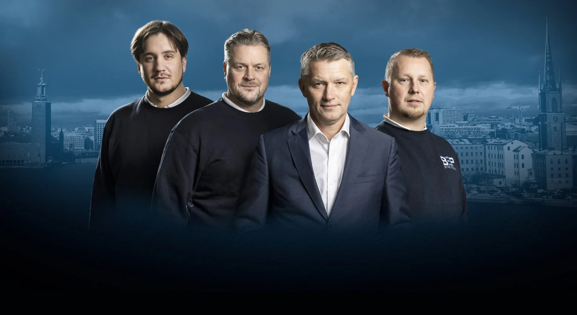 B3 Personals ledningsgrupp: Ludvig Zettervall, Patrik Olsson, Ulf Gresté och Jonas Öberg med Stockholm i bakgrunden