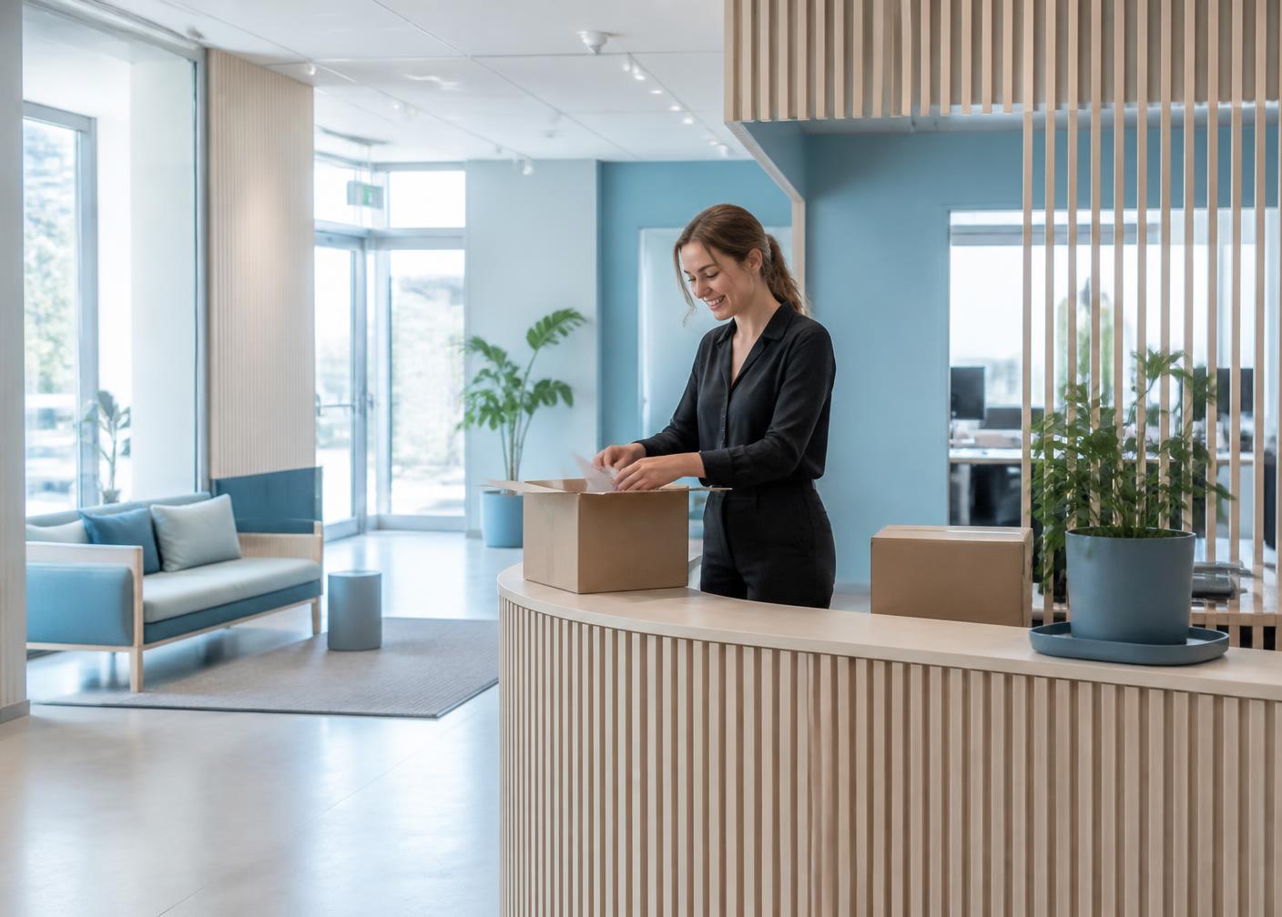 Servicevärd i reception som hanterar leveranser